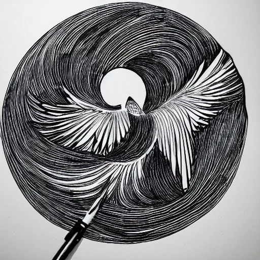 Image similar to single line drawing of a phoenix, blue ink pen