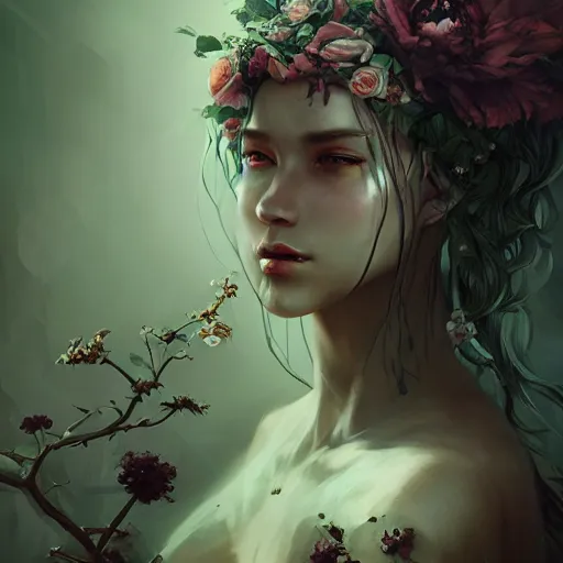 Prompt: Portrait of a dark fantasy nymph, flowers and plants surrounding, stunning, concept art, artstation, dramatic lighting, by Wlop