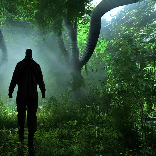 Image similar to a man wearing a hazmat suit and gasmask, walking through a lush jungle, unreal engine 5, ray traced, god rays, extremely high detail