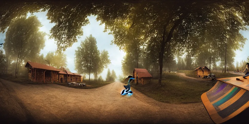 Image similar to a detailed beautiful matte painting of a skateboarder, kick flip, pilgrim village setting, log homes, dirt road, trees by Mikko Lagerstedt and Raphael Lacoste, graffiti by Fintan Magee, fisheye lens,