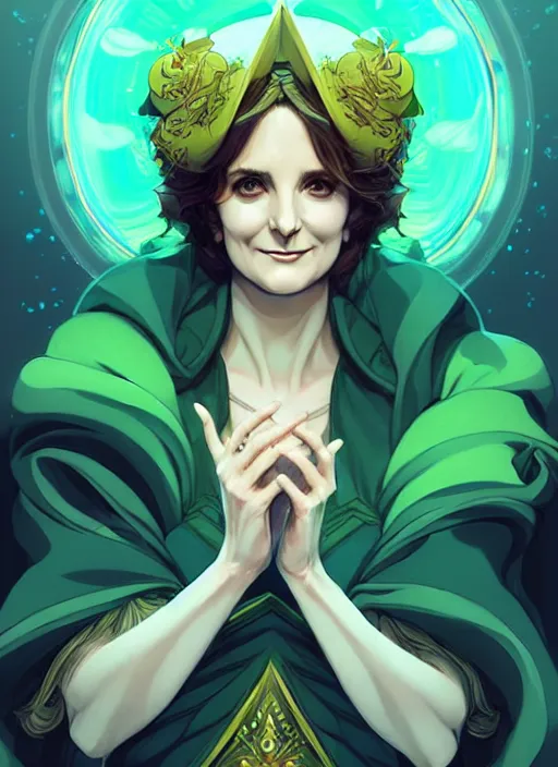 Image similar to style artgerm, joshua middleton, illustration, tina fey as a high priestess wearing green pelt light armor, anime eyes, blue hair, swirling water cosmos, fantasy, dnd, cinematic lighting