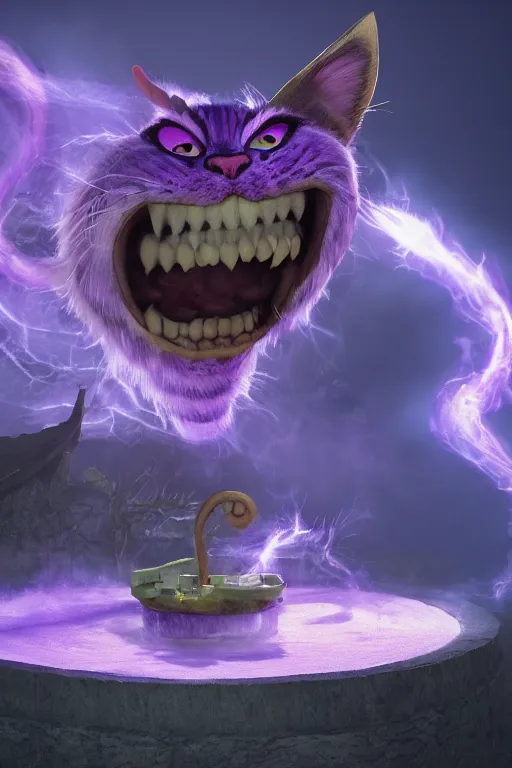 Image similar to cheshire cat vanishing vfx, burning vfx, vanishing vfx, made with blender, highly detailed, artstation, volumetric lighting, concept