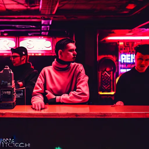 Image similar to photograph of retro techwear people loitering near the bar of a packed busy rundown nightclub, retrofuturism, brutalism, cyberpunk, sigma 85mm f/1.4, 35mm, 4k, depth of field, high resolution, 4k, 8k, hd, highly detailed, full color