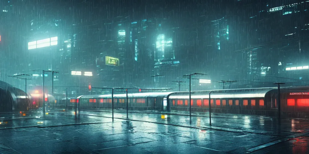 Image similar to !Train station!, futuristic bladerunner, trains, cyberpunk, train station in the rain at night, volumetric lighting, 4K, Spherical, Panorama, RealityEngine, PhotoRender, hyperdetailed, cinematic