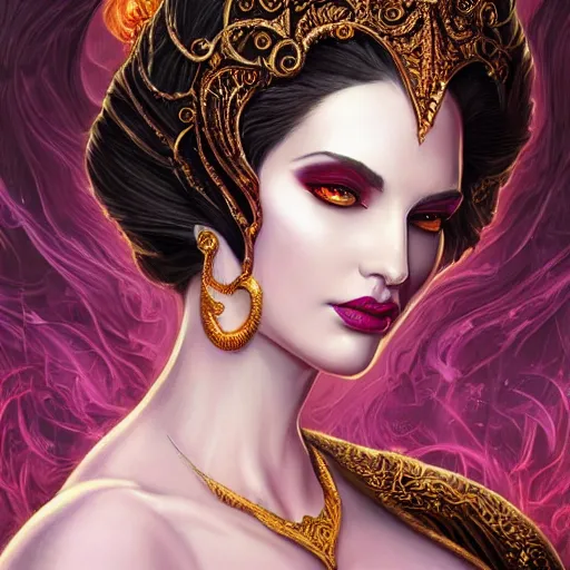 Image similar to An extremely ornate portrait of a Liliana Vess, ultradetailed, intricate, elegant, digital art painting, smooth, sharp focus, magazine art cover illustration, regal, award winning picture, extremely detailed masterpiece, sense of awe, featured on Artstation, Artgerm, magic the gathering, mtg, D&D, dungeons and dragons,8K detail post-processing
