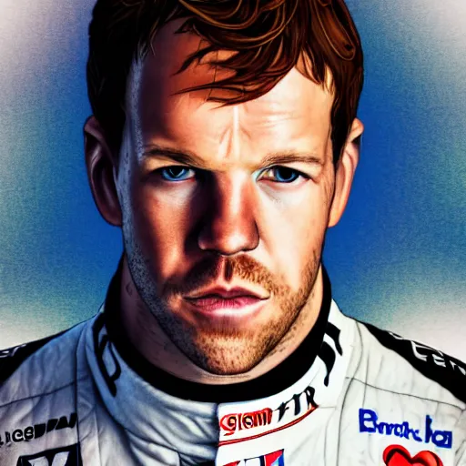 Image similar to formula 1 driver sebastian vettel portrait, borderlands, tales from the borderlands, the wolf among us, comic, cinematic lighting, studio quality, 8 k