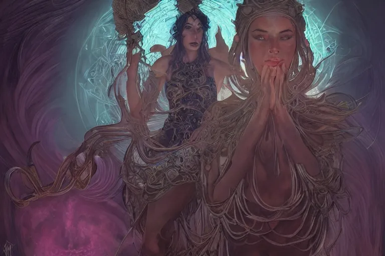 Image similar to ultra realistic tarot illustration of cj miles as a cyber shamanic witch casting am eldritch wizard spell, intricate, elegant, highly detailed, digital painting, artstation, concept art, smooth, sharp focus, illustration, art by artgerm and greg rutkowski and alphonse mucha