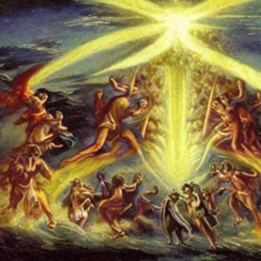Prompt: angels launching a nuclear attack on hell