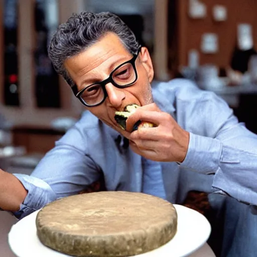 Image similar to jeff goldblum eating a large wheel of cheese,