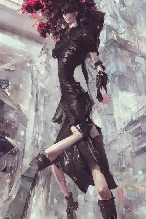 Prompt: avant garde high fashion on the streets, balenciaga, vetements, enfants riche deprimes, photoshoot, heroine, manga style, beautiful, fashion study, intricate complexity, in the style of krenz cushart, ian mcque, ilya kuvshinov, and cloverworks, oil painting