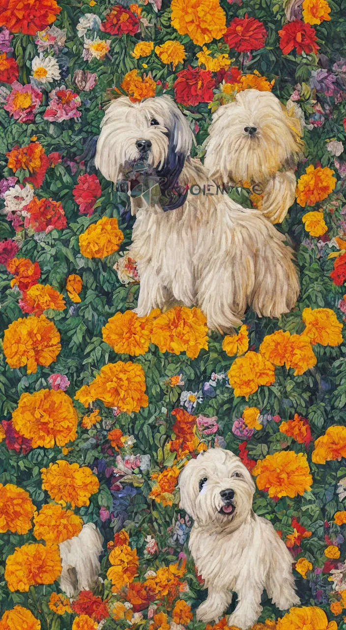 Image similar to portrait of a cream colored havanese dog dressed as an aztec warrior, aztec temple, jungle, with a bouquet of marigolds, mexico, mural by diego rivera realism aztec modernism 1 9 3 5