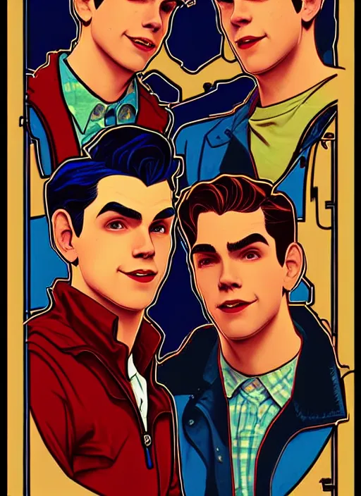 Prompt: oil portrait of archie andrews and jughead jones, intricate, elegant, highly detailed, lighting, painting, artstation, smooth, illustration, art by greg rutowski and alphonse mucha