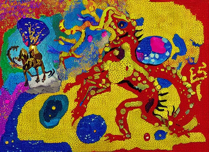 Image similar to expressionistic pixelated decollage painting golden armor alien zombie horseman riding on a crystal bone dragon broken rainbow diamond maggot horse in a blossoming meadow full of colorful mushrooms and golden foil toad blobs in a golden sunset, distant forest horizon, painted by Mark Rothko, Helen Frankenthaler, Danny Fox and Hilma af Klint, graffiti buff, pixel mosaic, semiabstract, color field painting, byzantine art, pop art look, naive, outsider art, very coherent symmetrical artwork. Beksinski painting, part by Philip Guston and Adrian Ghenie, art by George Condo, 8k, extreme detail, intricate detail, masterpiece