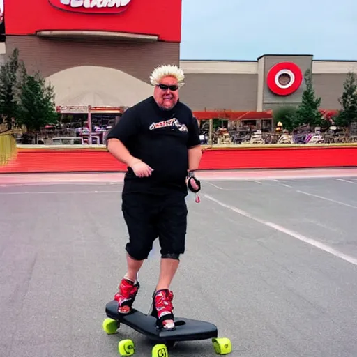 Image similar to guy fieri rollerblading at target