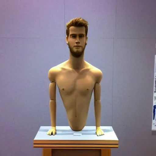 Image similar to “a realistic detailed photo of a guy who is an attractive humanoid who is half robot and half humanoid, who is a male android, actor Liam Hemsworth, shiny skin, posing like a statue, blank stare, at the museum, on display”