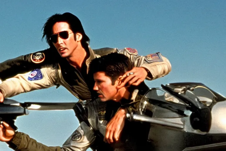 Image similar to film still of Keanu Reeves as Maverick in Top Gun 1986