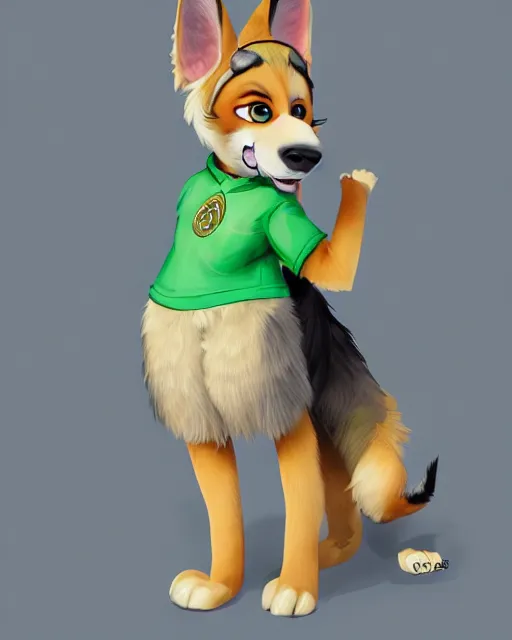 Image similar to digital painting full body of anthropomorphic furry female german shepherd dog, in style of zootopia, female fursona, furry, furaffinity, 4 k, deviantart, furry art, fursona art, wearing a green shirt, dog fursona, female, cute detailed feminine face,