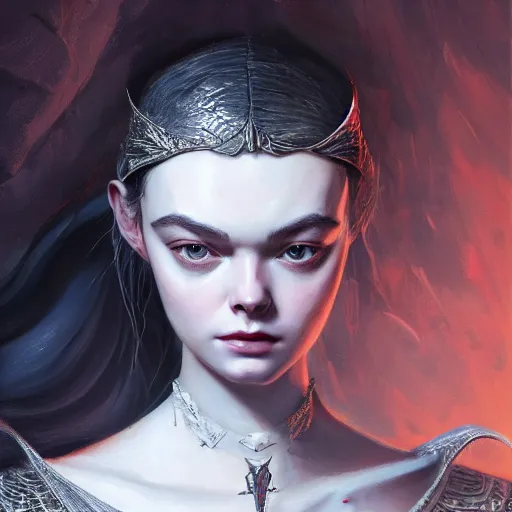 Prompt: head and shoulders portrait of modern darna, elle fanning in bloodborne, intricate, elegant, dark vibes, highly detailed, digital painting, artstation, glamor pose, concept art, smooth, sharp focus, illustration, art by wlop, mars ravelo and greg rutkowski