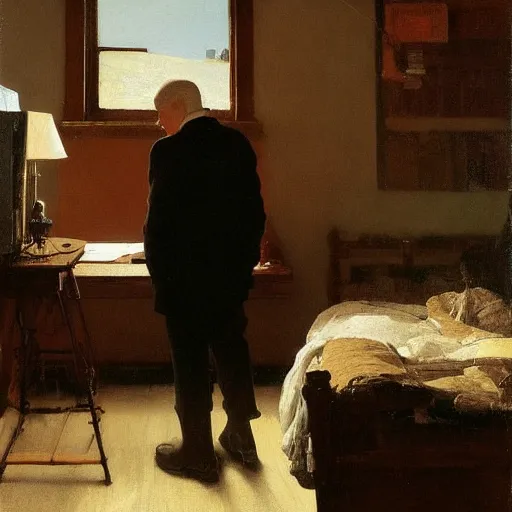 Image similar to poor grandpa trying to figure out how to send an email sitting in his small room looking at his lenovo thinkpad laptop t 4 1 0 8 gb ram jamie wyeth greg rutkowski winslow homer thomas eakins lucian freud edward hopper j. m. w. turner oil painting