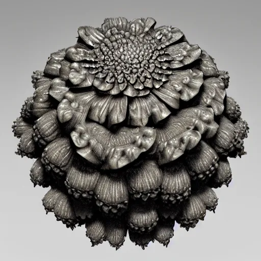 Image similar to The Mandelbulb has grown big flowers all over its surface. Side View. Octane render