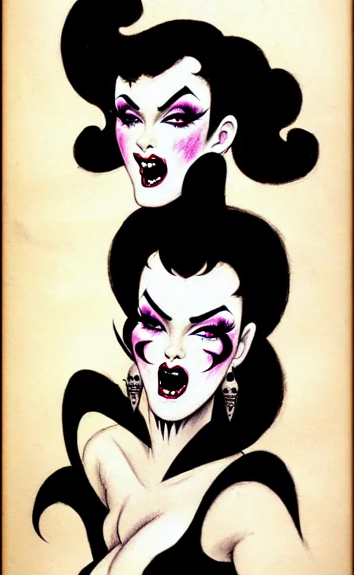 Prompt: goth girl with a detailed face and black hair, burlesque psychobilly, rockabilly, punk, white background, drawing, illustration by frank frazetta