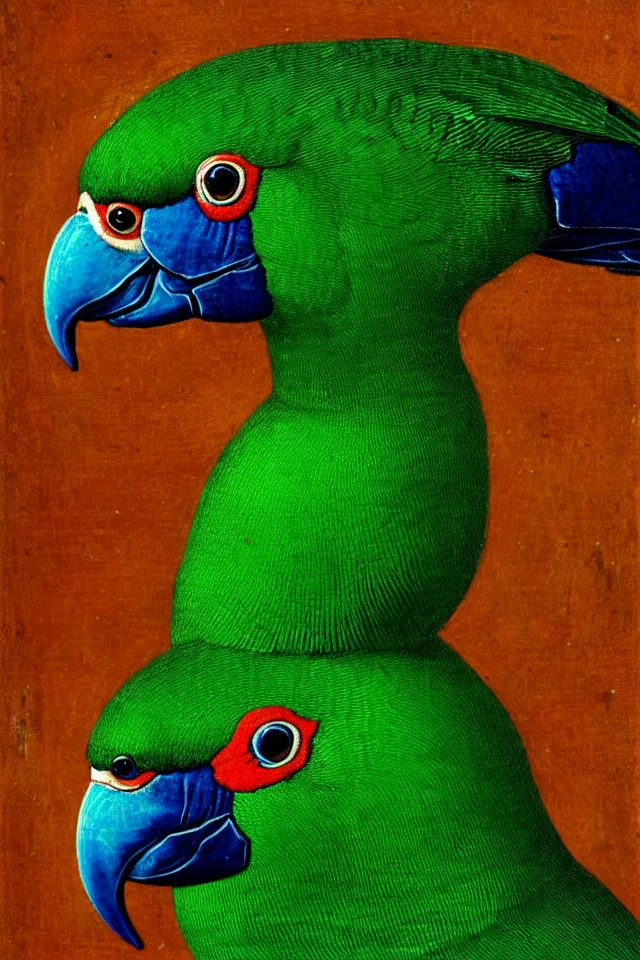 Image similar to a renaissance close up portrait of a green duck parrot as a ninja turtle, centered, triumphant, beautiful intricate painting