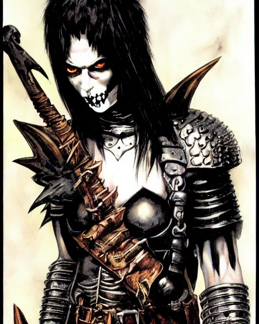 Image similar to portrait of a skinny punk goth thief wearing armor by simon bisley, john blance, frank frazetta, fantasy, barbarian, hardcore