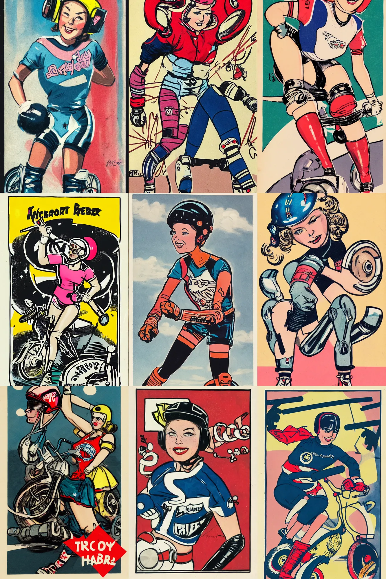 Image similar to roller derby girl portrait, logo, wearing helmet, wearing knee and elbow pads, showing victory,Frank Hampson and mcbess, 1950s