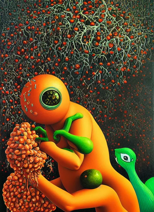 Image similar to hyper detailed Oil painting - Pepe Eats of the Strangling Fruit and His gossamer polyp blossoms bring iridescent fungal flowers whose spores black the foolish stars by Jacek Yerka, Mariusz Lewandowski, Abstract brush strokes, Masterpiece, Edward Hopper and James Gilleard, Zdzislaw Beksinski, Mark Ryden, Wolfgang Lettl, hints of Yayoi Kasuma