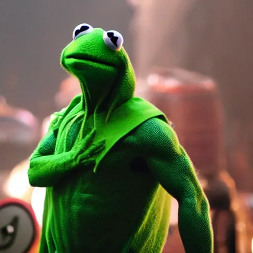 Prompt: photo of Kermit the frog as thor god of thunder in averngers movie