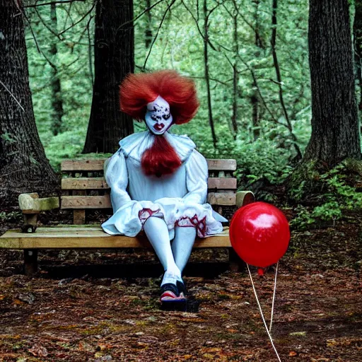 Prompt: pennywise sitting on a bench in the middle of a dark forest, sinister photo, realistic photo, by Stephen King, 8k