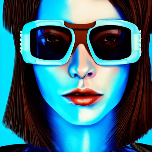 Image similar to closeup painting of a very beautiful young mexican cyberpunk woman with a smirk, wearing light blue shutter shades and a dark brown leather jacket, one side haircut, brown hair, portrait, hyperdetailed, artstation, cgsociety, 8 k, synthwave by tangerine dream