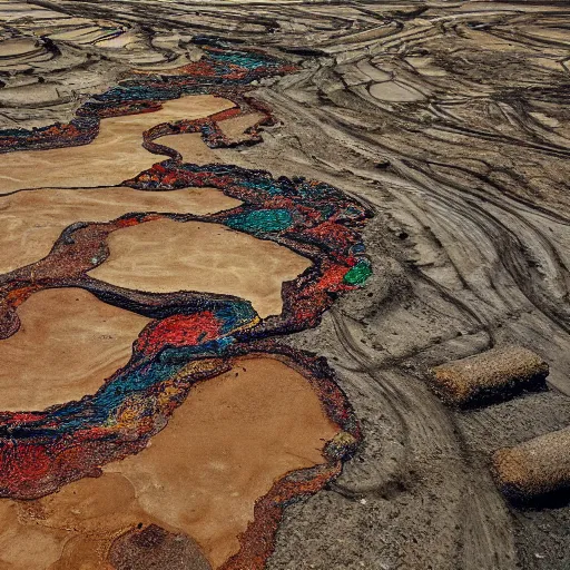 Prompt: A man's body is transformed into multicolored rocks eroded with dust in a landscape of dump and machines near a sea of oil by Edward Burtynsky