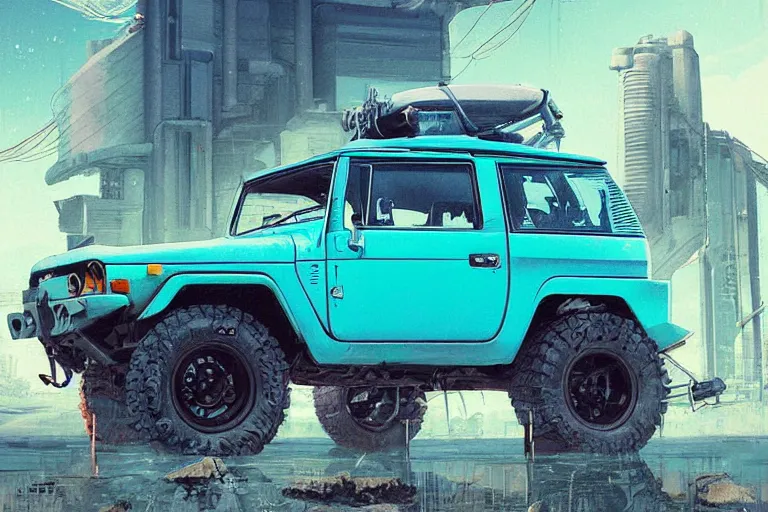 Image similar to digital illustration of a futuristic faded cyan mad max's fj 4 0 decrepit!!!! pursuit special, rusty!!! cyberpunk nissan fj cruiser heavily modded 1 9 9 0 s, the last v 8 interceptor by makoto shinkai, ilya kuvshinov, lois van baarle, rossdraws, basquiat