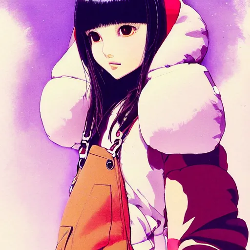 Image similar to a beautiful japanese natalie portman gravure model, wearing oversized native designer bomber jacket and leotard with overalls, bulky poofy bomber jacket with mesoamerican patterns, mesoamerican native street fashion, gapmoe yandere grimdark, trending on pixiv fanbox, painted by greg rutkowski makoto shinkai takashi takeuchi studio ghibli, akihiko yoshida