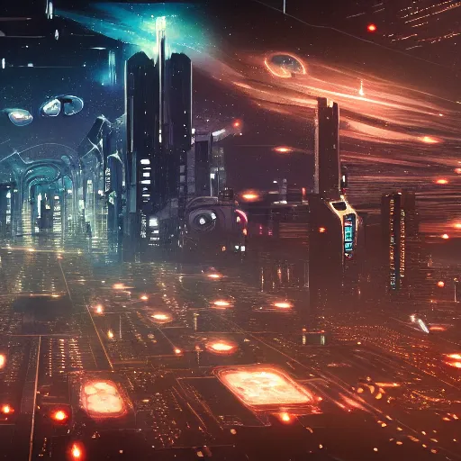 Image similar to cyberpunk city with deep field and many galaxies in the sky, highly detailed, sharp focus