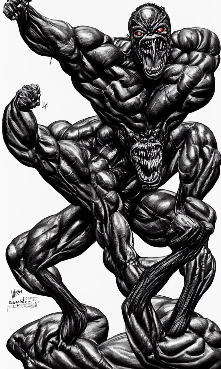 Image similar to legs and feets study of hyper realist full body long shot portrait of bodybuilder venom from marvel comics!!!!, large mouth with teeth, large tongue, lovecraftian horror!!, fantasy, intricate, elegant, highly detailed, digital painting, artstation, concept art, matte, sharp focus, illustration, art by glenn fabry and giger