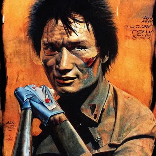 Prompt: scifi Viktor Tsoi by Robert McGinnis, pulp comic style, circa 1958, photorealism