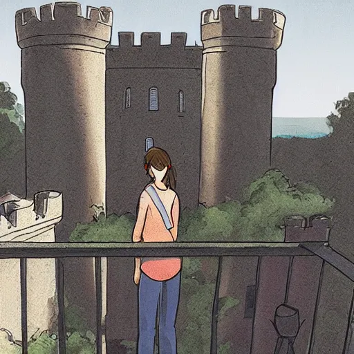 Image similar to A illustration of Max Caulfield on the balcony of a castle