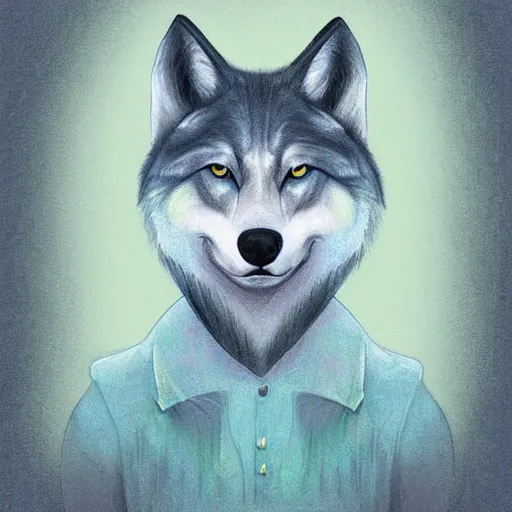 Image similar to Beautiful portrait drawing of an anthro anthropomorphic wolf wearing a cute pastel shirt, in Summer, at a forest. digital art