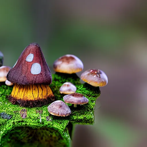 Image similar to macro photo with a fantasy Microfungi character with cute eyes and mycelium, painted patterns and coloring on mushrooms, 8K, highly detailed