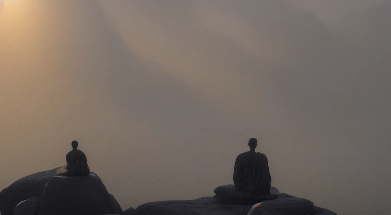 Prompt: a lonely silhouette of a meditating monk sitting in the fog on a stone protruding from the water in the rays of the morning sun, the focus of the camera on the monk, painted with large strokes of oil paints.