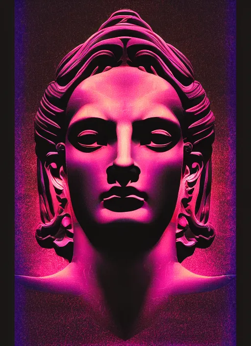 Image similar to black background with subtle red and purple design elements, mostly dark, statue of zeus, nekro, graphic design, collage art, thin lines, dark, glitch art, neo vaporwave, gritty, layout frame, square, trending on artstation