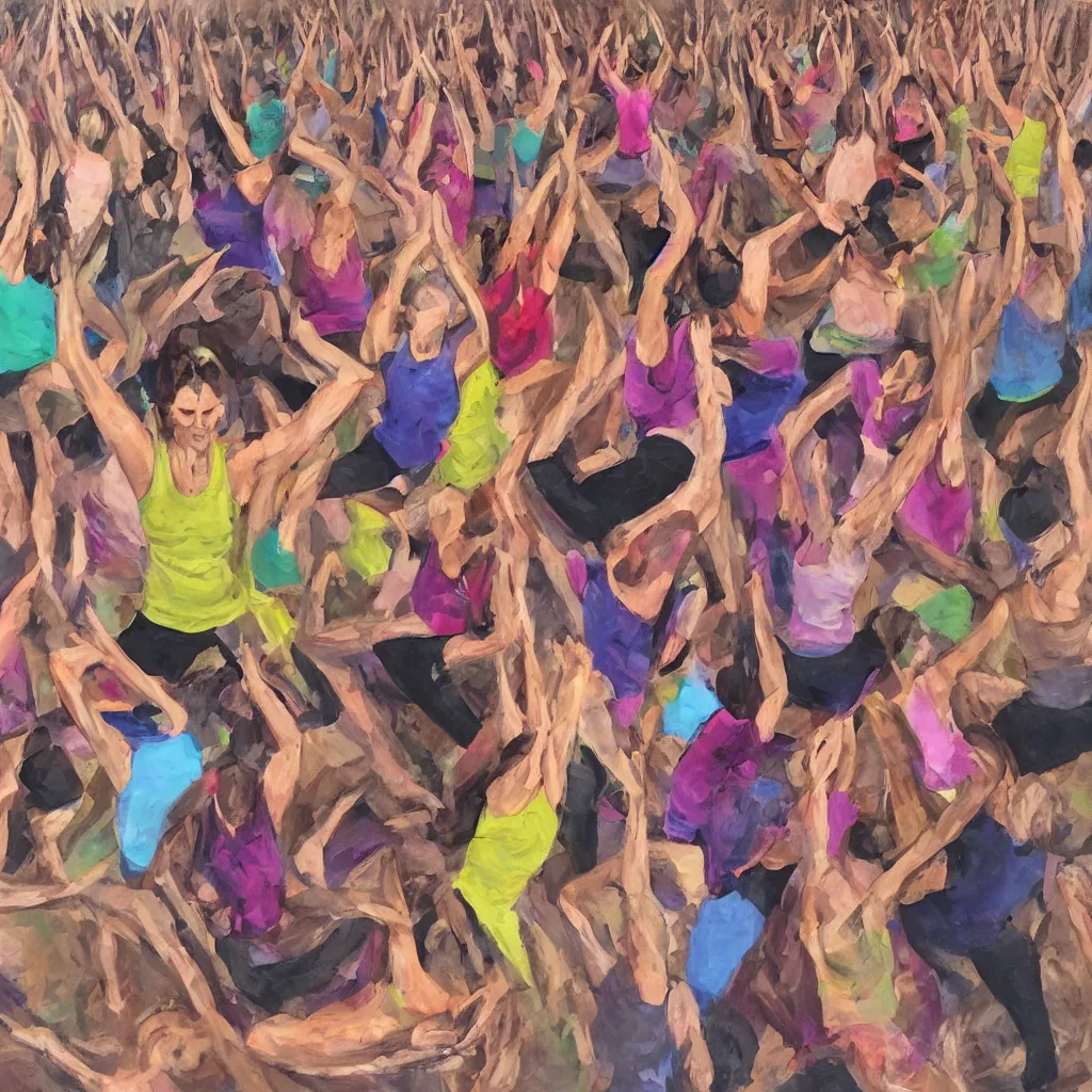 Image similar to chaotic yoga fitness teacher, expressive, hyperrealism, photorealistic