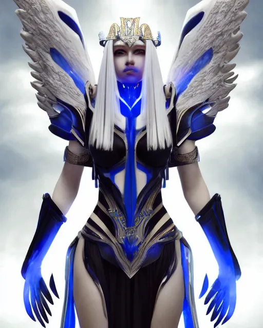 Image similar to perfect white haired egyptian goddess wearing white dove wings, warframe armor, regal, attractive, ornate, beautiful, dreamy, half asian, pretty face, blue eyes, detailed, scifi platform, 4 k, ultra realistic, epic lighting, android body, illuminated, cinematic, masterpiece, art by akihito tsukushi, voidstar, artgerm