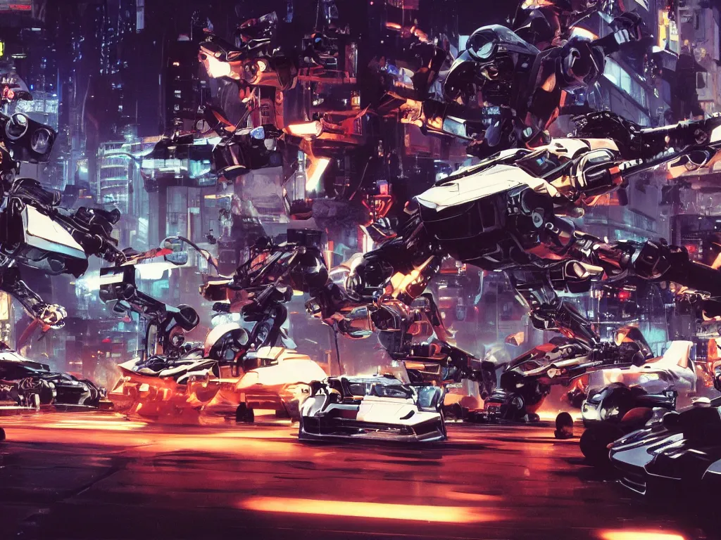 Prompt: Film still of Mechbots designed by Ferrari and Lamborghinis in battle in Tokyo at night by syd mead, Scott Robertson, james cameron, octane, 4k