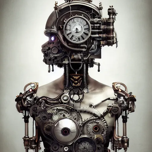 Image similar to a beautiful intricate fine art portrait photo of a a mechanical industrial steampunk cybernetic Bill Burr, by tom bagshaw and zach sutton, perfection!, milk bath photography, studio lighting, 35mm lens, very detailed, bionic, cybernetic scifi, deep depth of field, artstation, 8K, highly coherent