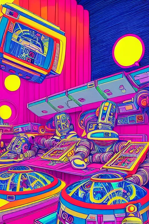 Image similar to a brightly colored drawing of a room with a bed in an 8 0 s art deco international space station, robots, led screens, droids, a detailed painting by lisa frank, james jean, kilian eng, moebius, featured on deviantart, psychedelic art, psychedelic, dmt