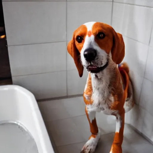 Image similar to a cute realistic foxhound dog wearing clothes whilst in a bubble bath