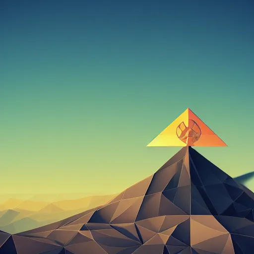 Image similar to vector, low poly, brown cross icon, on the top of a hill, sunset background, cgsociety, volumetric lighting, artstationhq